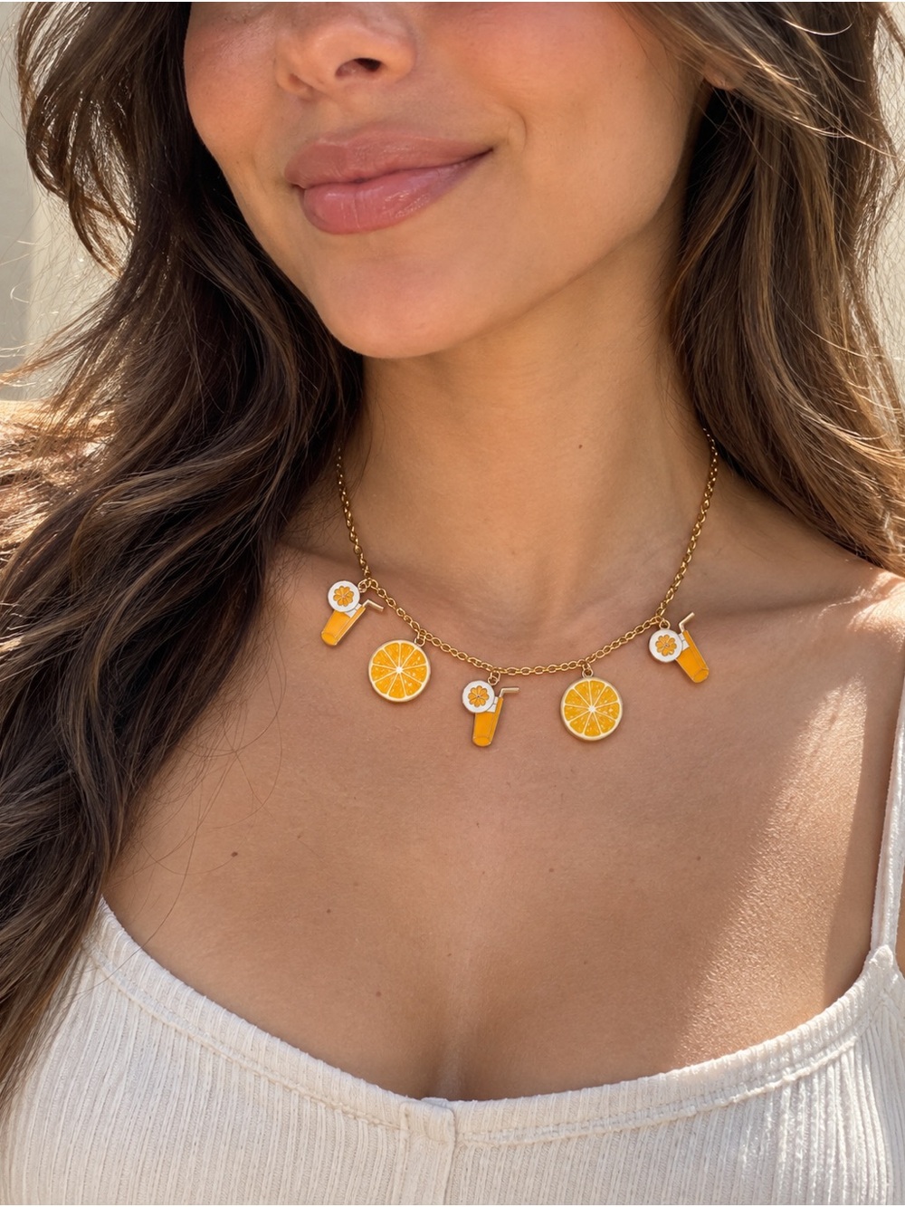 Gold Orange Slice & Juice Charm Necklace - Women Jewelry